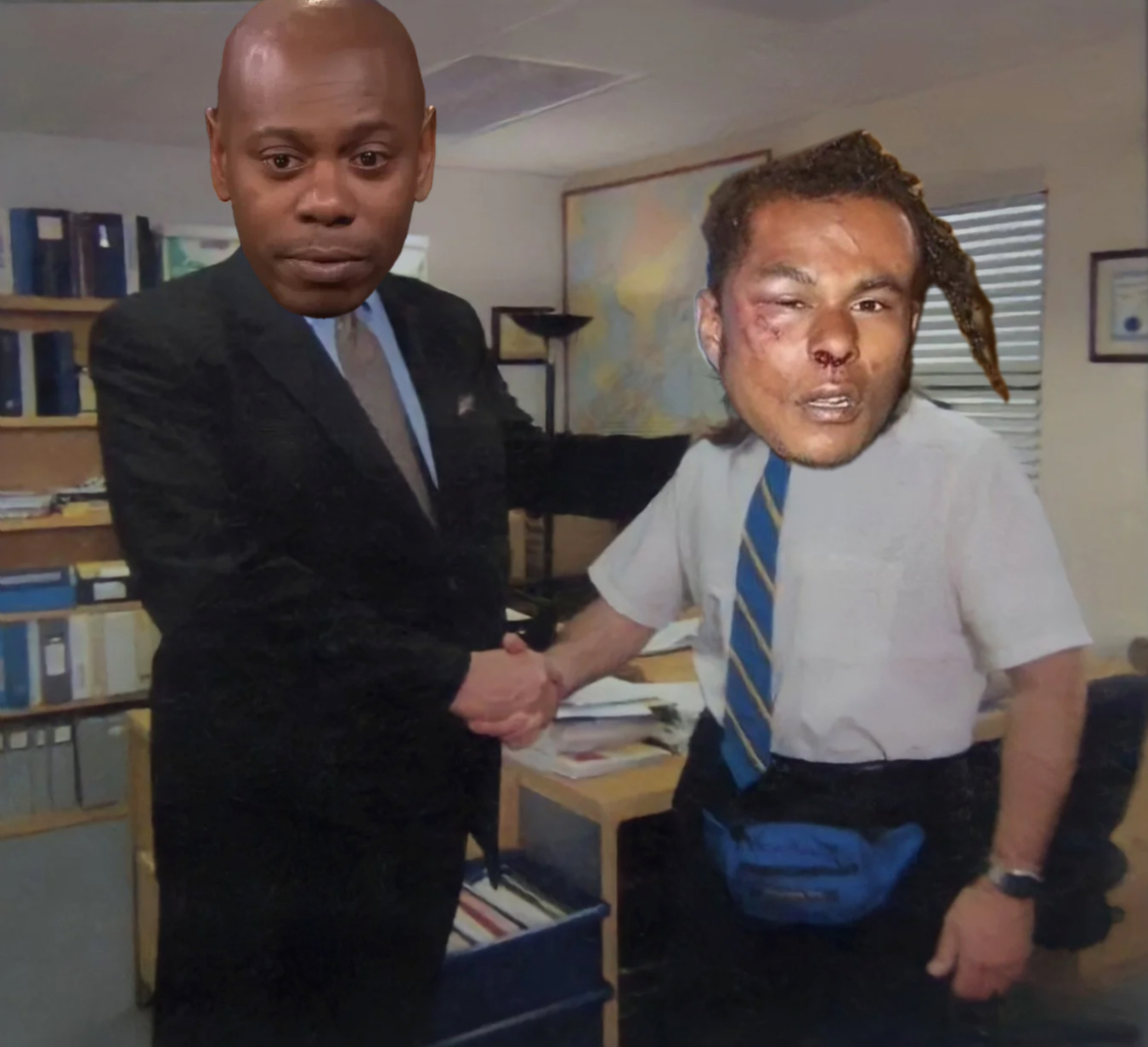 Micheal Scott shaking hands meme | #piñatafarms 
#davechapelle | image tagged in memes: davechapelle, piñatafarms | made with Piñata Farms meme generator