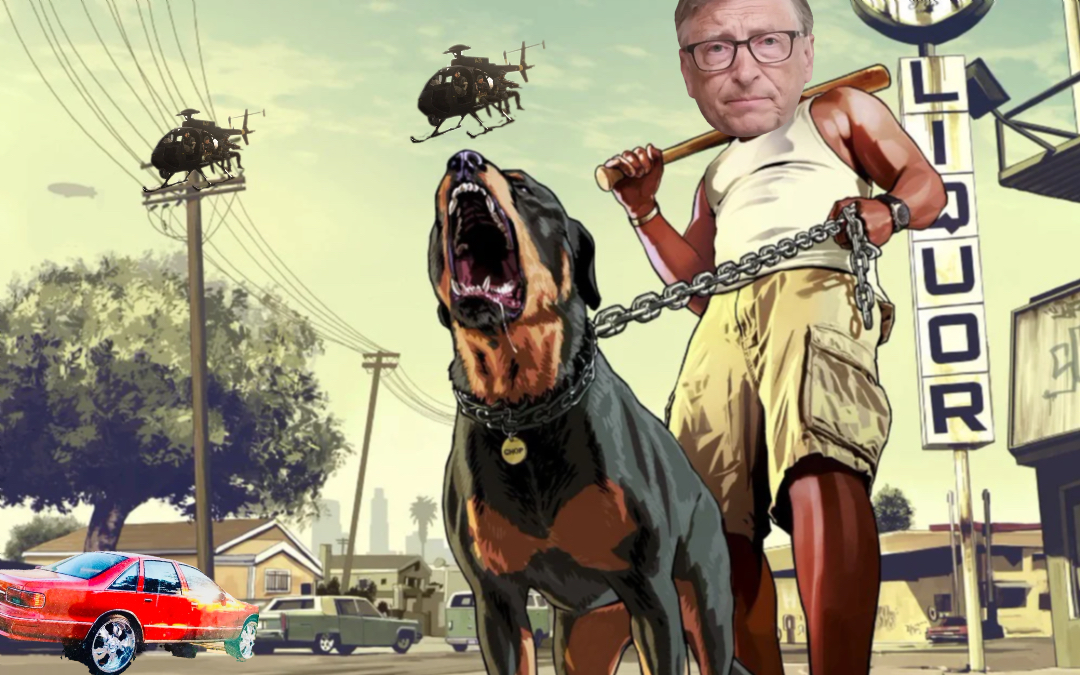 gta dog on a leash meme | #BillGates
#piñatafarms | image tagged in memes: billgates, piñatafarms | made with Piñata Farms meme generator
