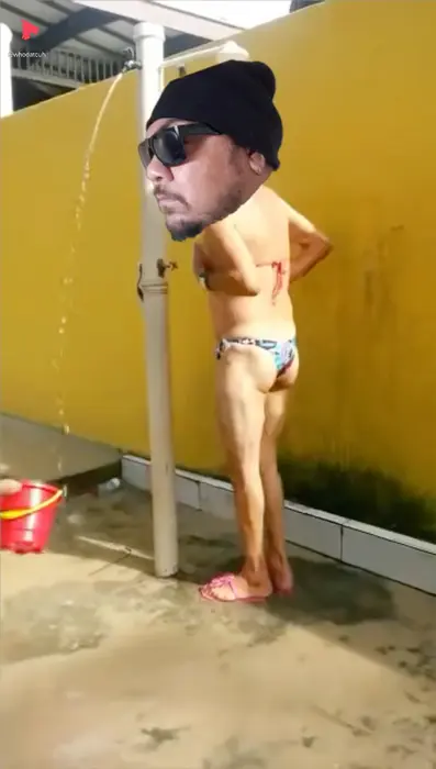 An elderly man takes a shower in a woman's swimsuit meme | image tagged in memes | made with Piñata Farms meme generator