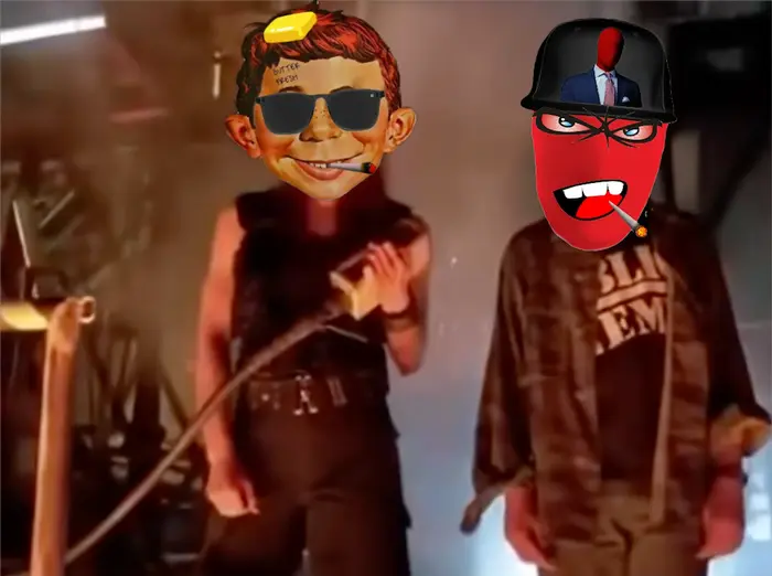 Sarah and John Connor watching Gollum falling meme | @patriotnamedben pure batty business y’all love | image tagged in memes | made with Piñata Farms meme generator