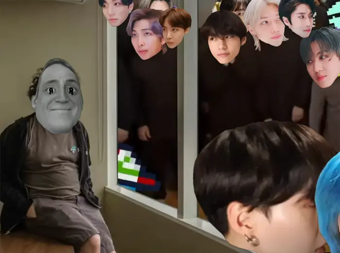 Guy looking at the party behind the window meme | K-pop Idols to Be like | image tagged in memes | made with Piñata Farms meme generator