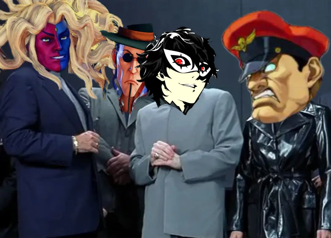 Meme image, titled: 'C a p c o m villains laughing ', by user: kmozen