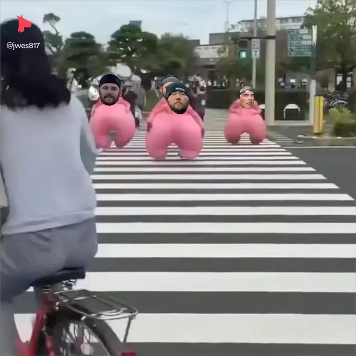men in pink huge costumes cross the street meme | image tagged in memes | made with Piñata Farms meme generator