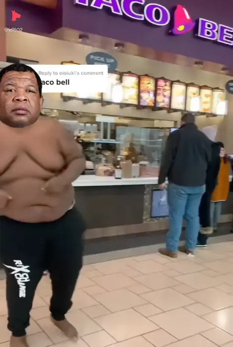 A guy dancing near Taco Bell and eating something meme | image tagged in memes | made with Piñata Farms meme generator