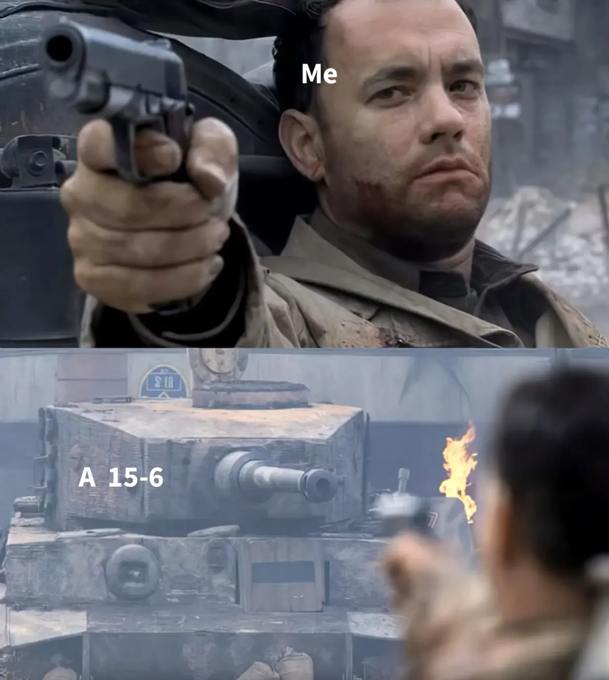 Saving Private Ryan - Tom Hanks vs Tank meme | image tagged in memes | made with Piñata Farms meme generator