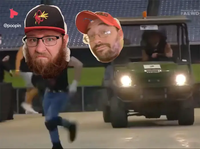 SAMMY GUEVARA Chased by Golf Cart driven by Matt Hardy and Kenny Omega meme | image tagged in memes | made with Piñata Farms meme generator