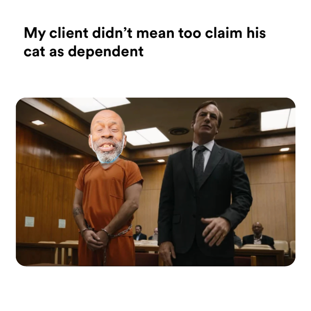 Saul Goodman In Court meme | My client didn't mean too claim his cat as dependent | image tagged in memes | made with Piñata Farms meme generator