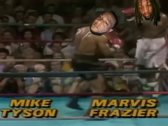 Mike Tyson knocks out Marvis Frazier meme | image tagged in memes | made with Piñata Farms meme generator