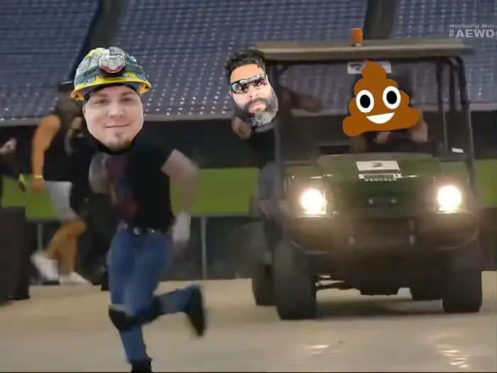 SAMMY GUEVARA Chased by Golf Cart driven by Matt Hardy and Kenny Omega meme | image tagged in memes | made with Piñata Farms meme generator