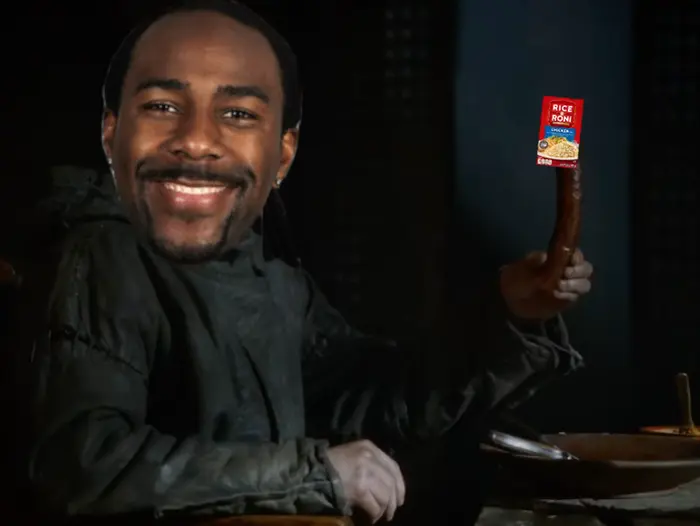 Ramsay Bolton eats sausage near Theon Greyjoy meme | image tagged in memes | made with Piñata Farms meme generator