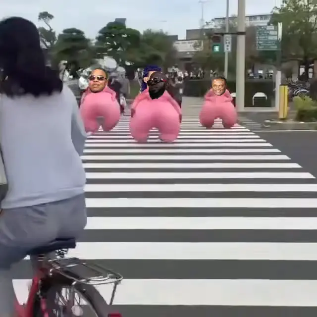 men in pink huge costumes cross the street meme | image tagged in memes | made with Piñata Farms meme generator