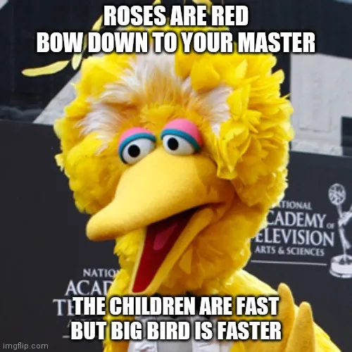 ROSES ARE RED BOW DOWN TO YOUR MASTER; THE CHILDREN ARE FAST BUT BIG BIRD IS FASTER meme