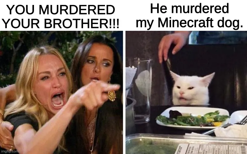 YOU MURDERED YOUR BROTHER!!! He murdered my Minecraft dog. meme
