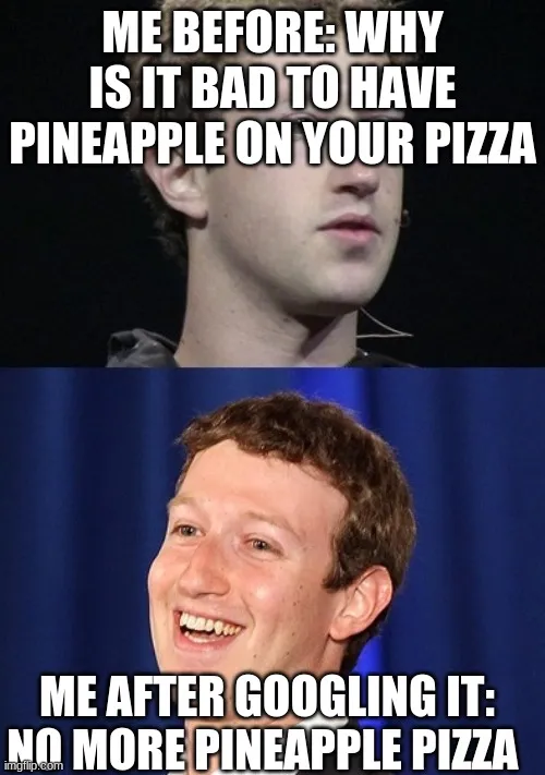 ME BEFORE WHY IS IT BAD TO HAVE PINEAPPLE ON YOUR PIZZA; ME AFTER