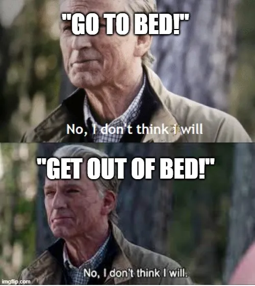 "GO TO BED!"; "GET OUT OF BED!" meme Piñata Farms The best meme