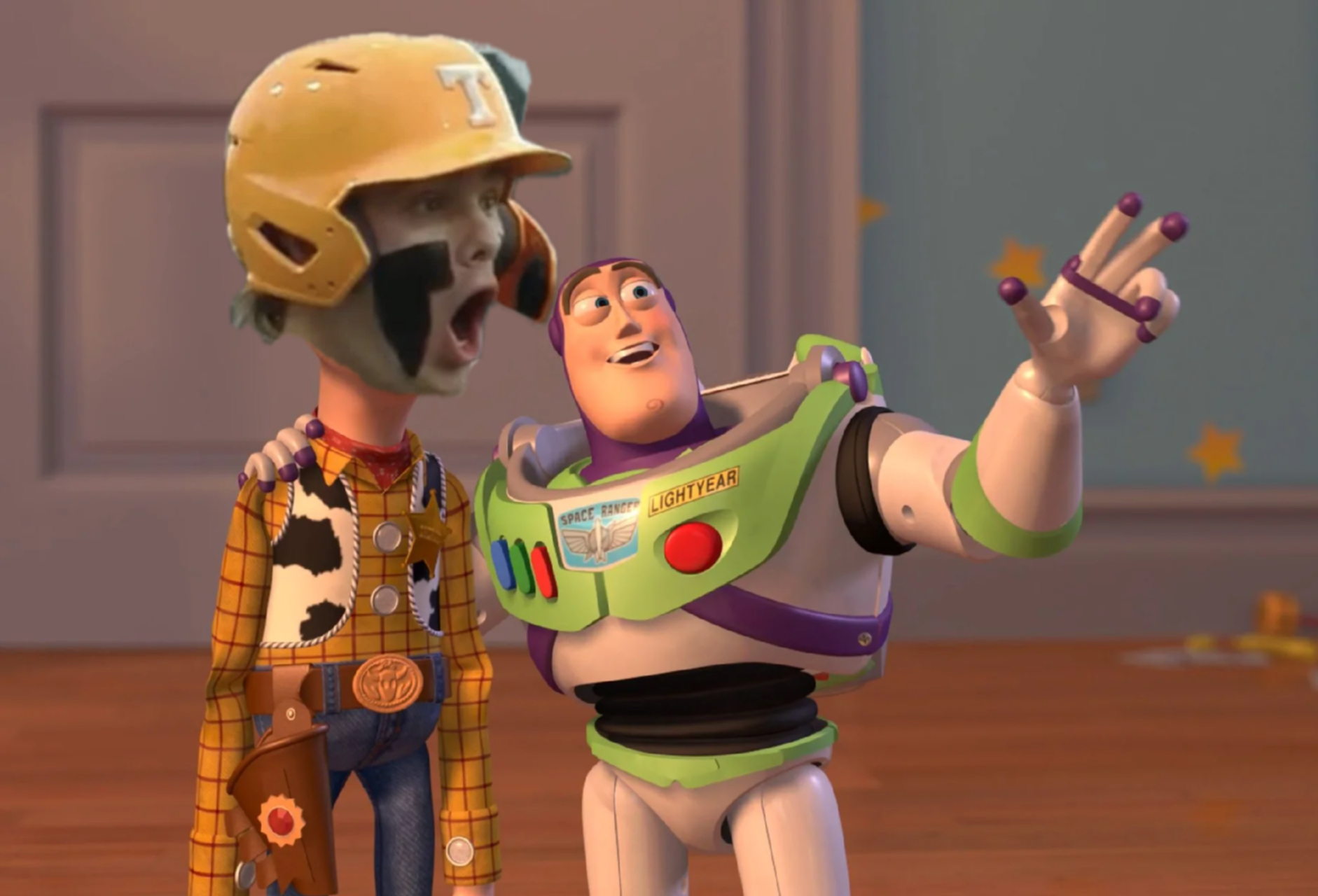Buzz showing woody something meme | image tagged in memes | made with Piñata Farms meme generator