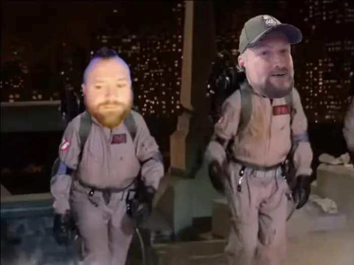 Ghostbusters fight with monster meme | image tagged in memes | made with Piñata Farms meme generator