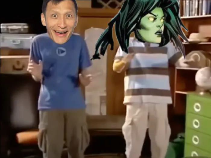 The upside down show music room loud instruments meme | Jeff wiggle and she hulk can not hear the music #theupsidedownshow #marvel #thewiggles #shehulk #marveluniverse #disney #disneyplus | image tagged in memes: disney, disneyplus, marvel, marveluniverse, shehulk, theupsidedownshow, thewiggles | made with Piñata Farms meme generator