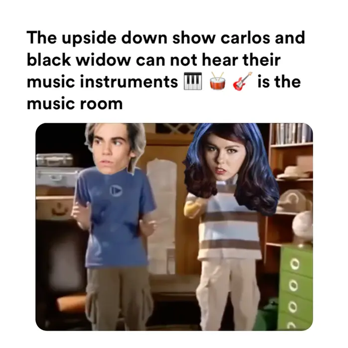 The upside down show music room loud instruments meme | The upside down show carlos and black widow can not hear their music instruments is the | image tagged in memes: blackwidow, descendants, disney, disneyplus, marvel, marveluniverse, theupsidedownshow | made with Piñata Farms meme generator