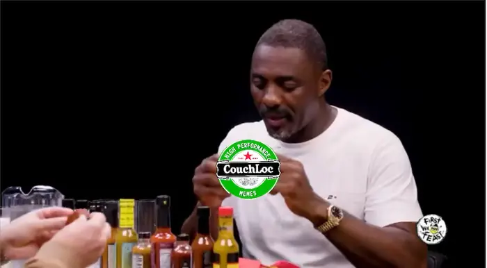 Idris Elba try hot sauce meme | image tagged in memes | made with Piñata Farms meme generator