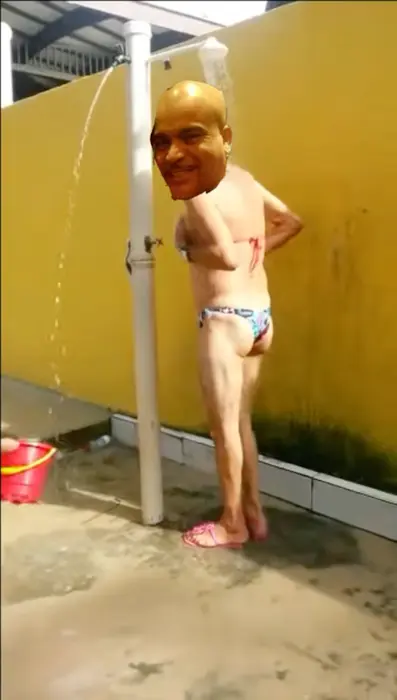 An elderly man takes a shower in a woman's swimsuit meme | image tagged in memes | made with Piñata Farms meme generator