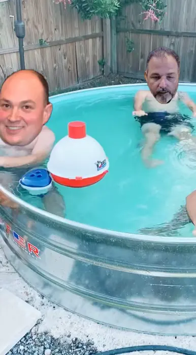 3 men chilling in backyard pool meme | image tagged in memes | made with Piñata Farms meme generator