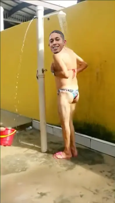 An elderly man takes a shower in a woman's swimsuit meme | Chico | image tagged in memes | made with Piñata Farms meme generator