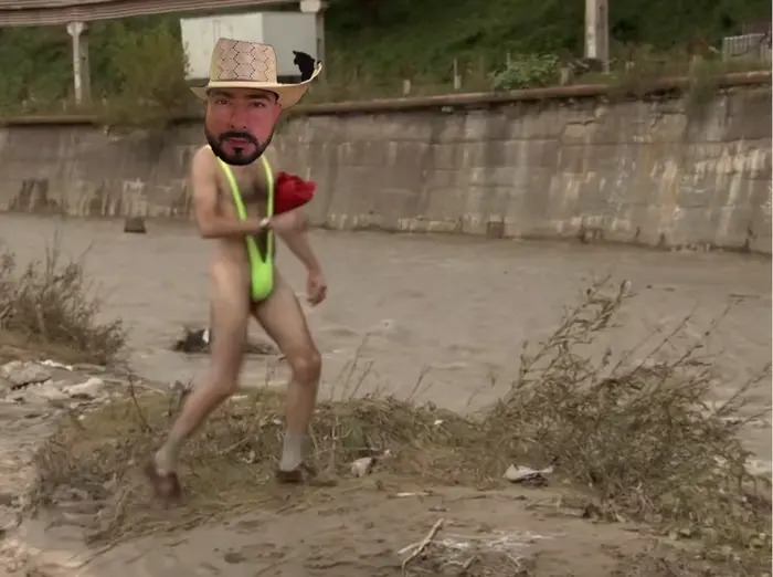 Borat near the dirty river meme | image tagged in memes | made with Piñata Farms meme generator