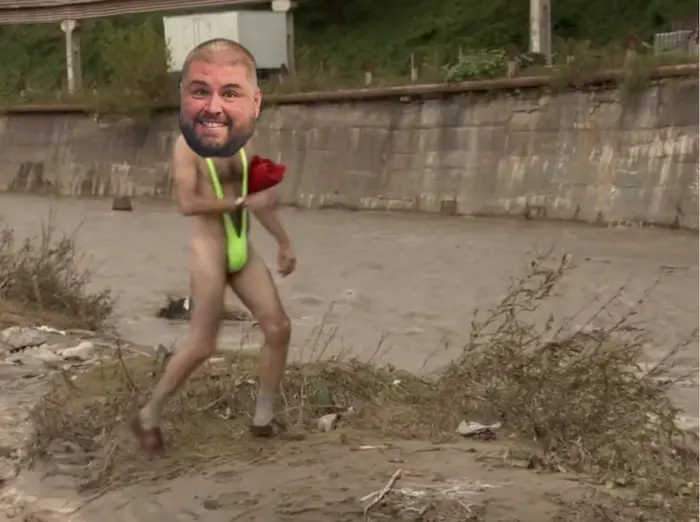 Borat near the dirty river meme | image tagged in memes | made with Piñata Farms meme generator