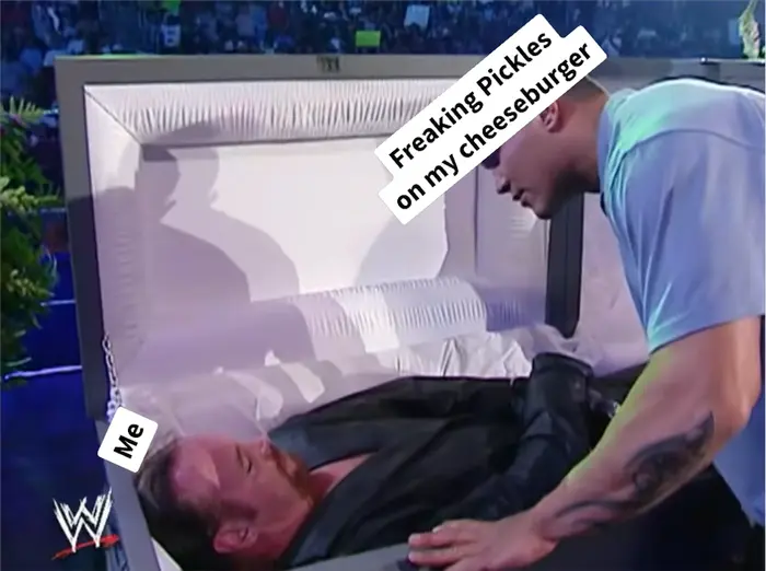 The Undertaker surprises Randy Orton WWE meme | No Pickles | image tagged in memes | made with Piñata Farms meme generator