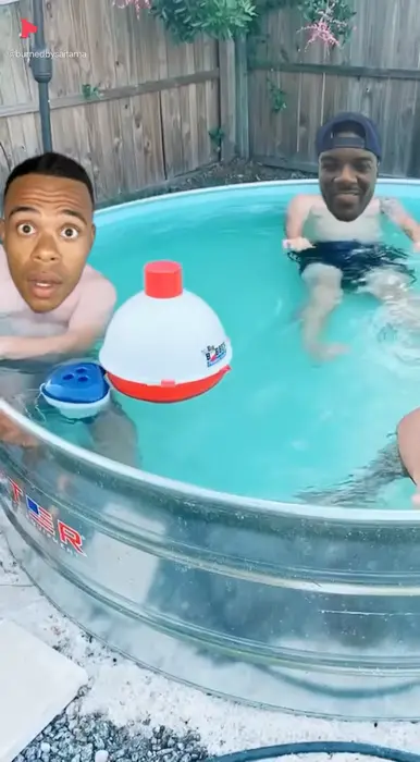 3 men chilling in backyard pool meme | image tagged in memes | made with Piñata Farms meme generator