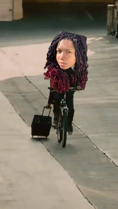 Zendaya casually riding a bicycle and carrying luggage meme | image tagged in memes | made with Piñata Farms meme generator