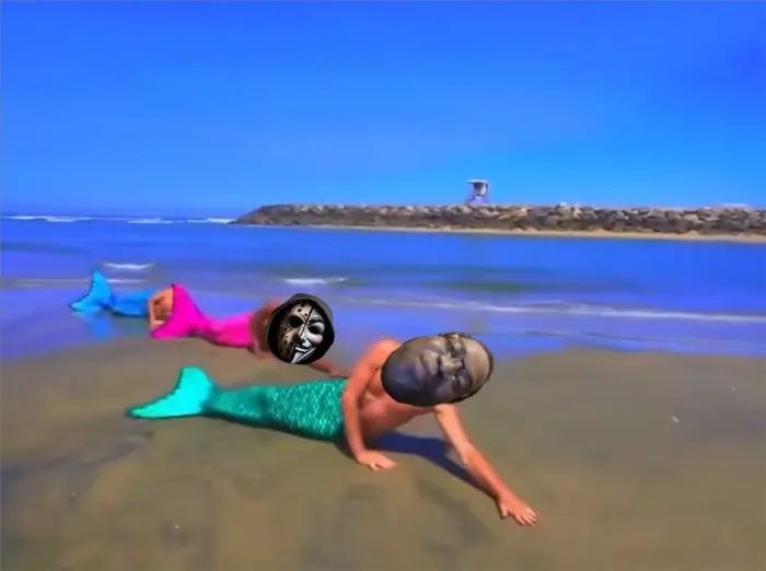 Male Mermaids dance on the shore meme | image tagged in memes | made with Piñata Farms meme generator