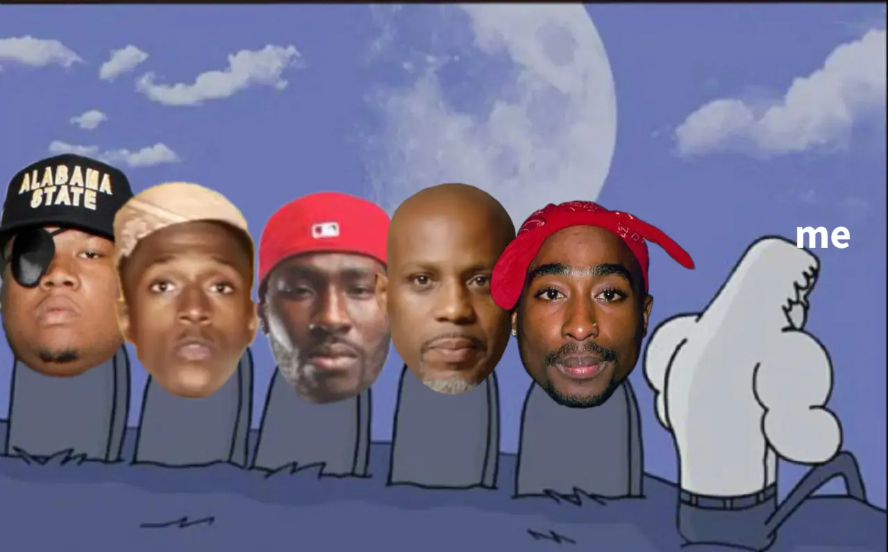 Meme image, titled: '#rip #ℜℑ𝔓 𝔱𝔬 5𝔬𝔣 𝔪𝔶 𝔣𝔞𝔳𝔬𝔯𝔦𝔱𝔢 𝔯𝔞𝔭𝔭𝔢𝔯𝔰 𝔪𝔞𝔫𝔢 🪦 #2pac #DMX #BankrollFresh #YoungPappy #DoeB', by user: bakespere