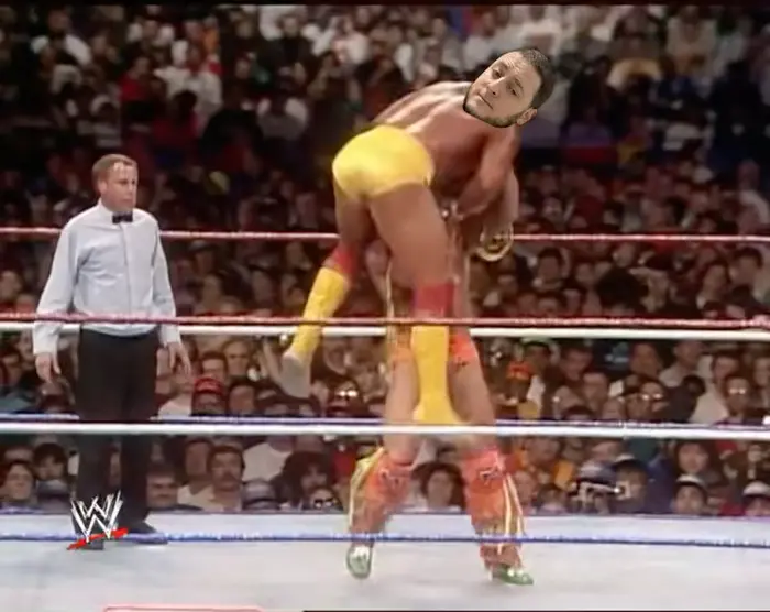 Ultimate Warrior slams Hulk Hogan WWE meme | D | image tagged in memes | made with Piñata Farms meme generator