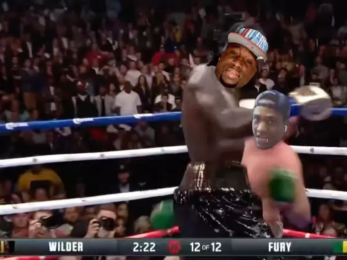 Deontay Wilder Knocks Down Tyson Fury in Round 12 meme | Down | image tagged in memes | made with Piñata Farms meme generator