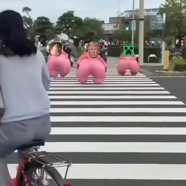 men in pink huge costumes cross the street meme | Lol men | image tagged in memes | made with Piñata Farms meme generator