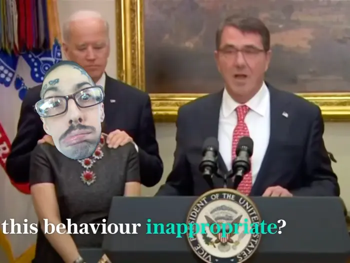 Joe Biden whispering to Stephanie Carter meme | image tagged in memes | made with Piñata Farms meme generator