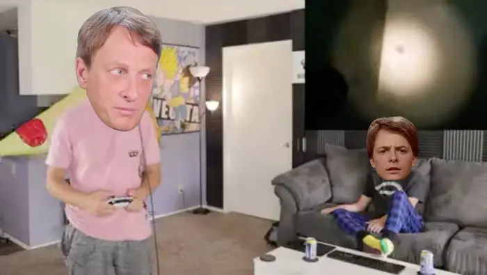 dudes play horror on VR meme | Tony Hawk Thinking It’s His Game But He Gets Scared The Hell Out Of By A Evil Mickey Mouse @christian192076 | image tagged in memes | made with Piñata Farms meme generator