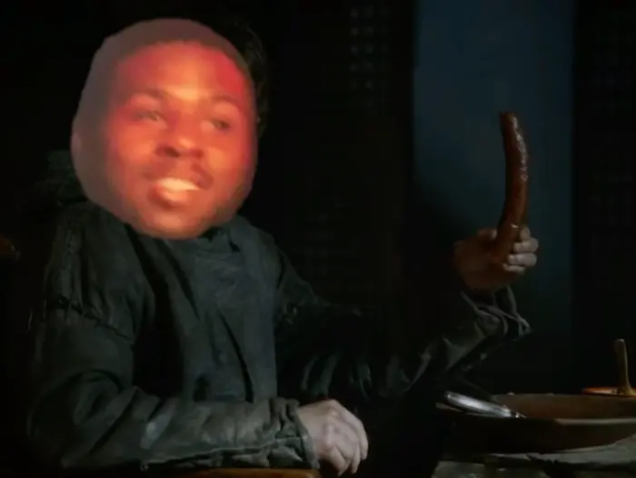 Ramsay Bolton eats sausage near Theon Greyjoy meme | image tagged in memes | made with Piñata Farms meme generator