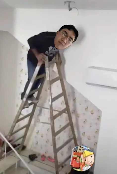 chandelier falls and the man falls from the ladder meme | Andy ho purposely drops the light ceiling and falls down | image tagged in memes | made with Piñata Farms meme generator