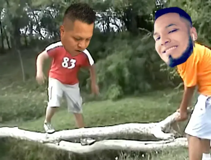boy falls in water while crossing river meme | image tagged in memes | made with Piñata Farms meme generator