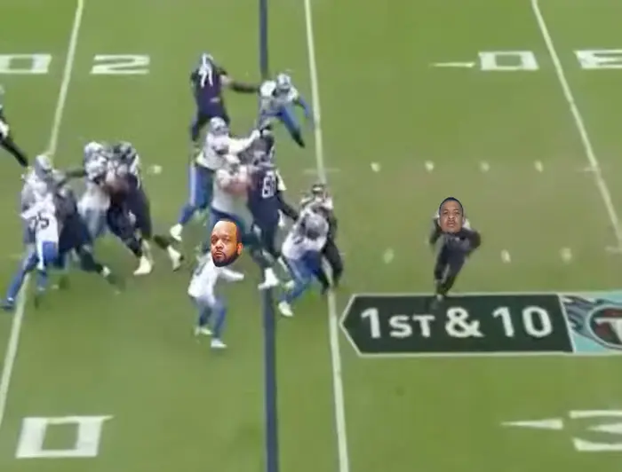 Derrick Henry stiff arm game unmatched meme | image tagged in memes | made with Piñata Farms meme generator